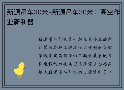 新源吊车30米-新源吊车30米：高空作业新利器